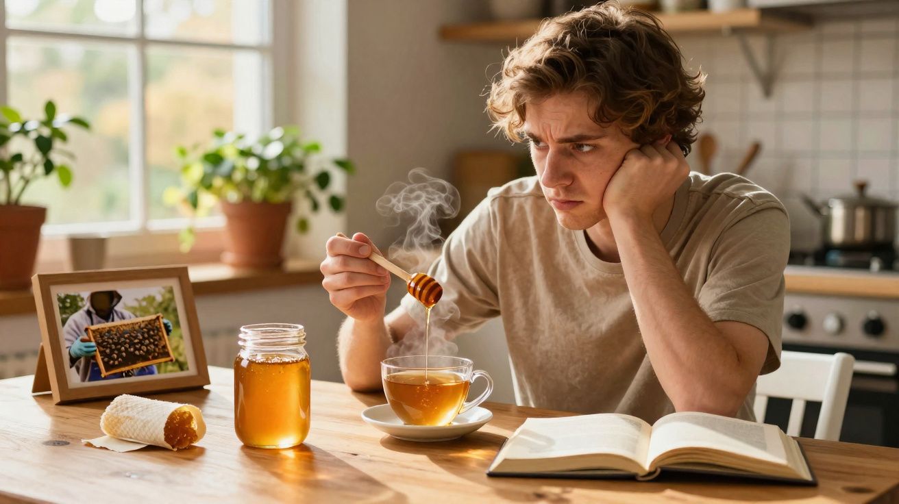 Homem jovem sentado à mesa a adoçar chá com mel, ao lado de um livro aberto e frasco de mel.