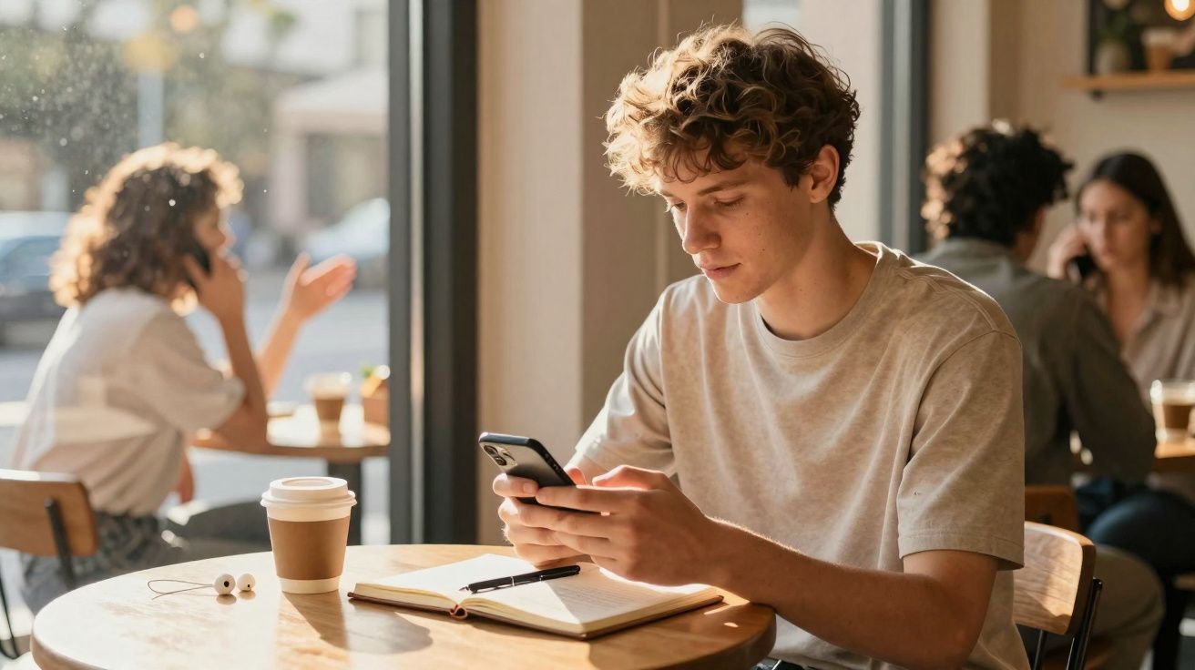 Jovem sentado numa mesa de café, a olhar para o telemóvel com caderno e bebida à sua frente.