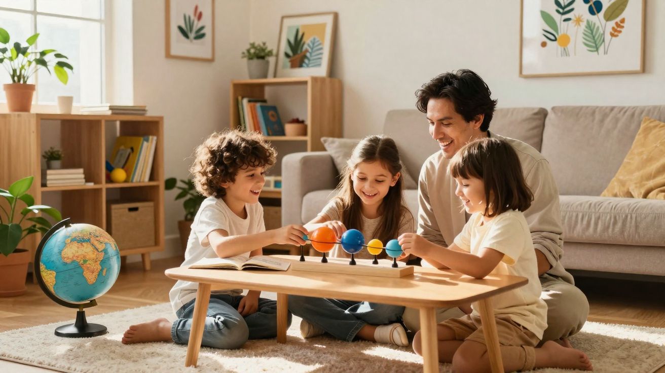 Homem e três crianças sentados no chão à volta de uma mesa com modelo do sistema solar num ambiente acolhedor.