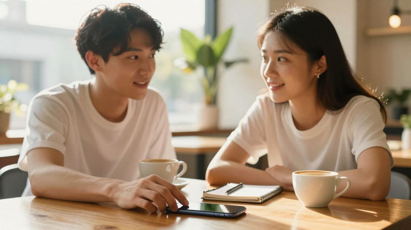 Casal jovem a conversar num café, com duas chávenas de café e um telemóvel sobre a mesa.
