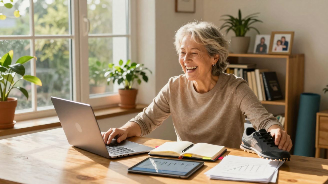 Mulher idosa sorridente usa computador portátil, com plantas e documentos numa mesa iluminada pela janela.
