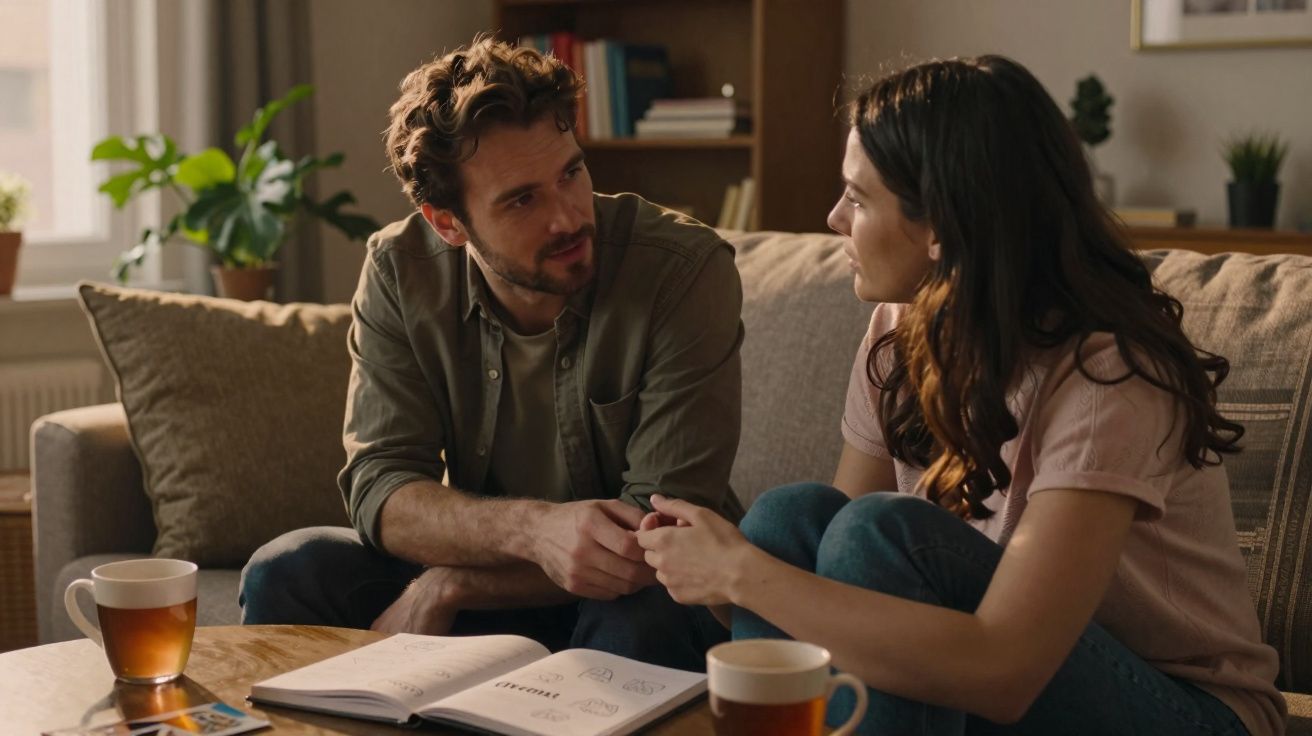 Homem e mulher sentados no sofá a conversarem, com chá e caderno numa mesa à frente.