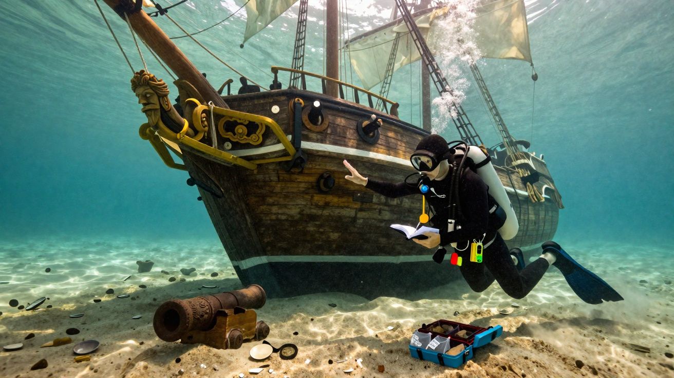 Mergulhador explora naufragado com canhão antigo e objetos em fundo do mar junto a um navio histórico.