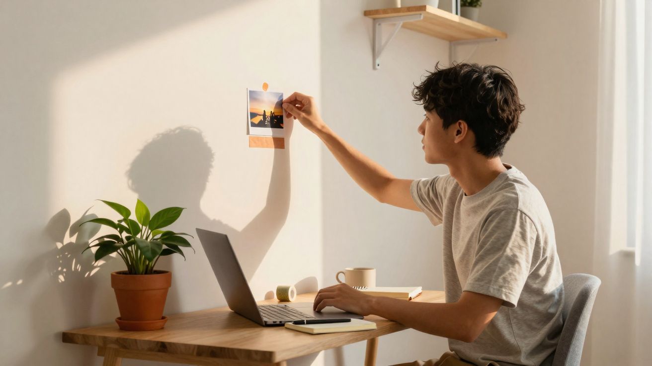 Jovem senta-se numa secretária e cola foto na parede iluminada pelo sol, com laptop e planta à frente.