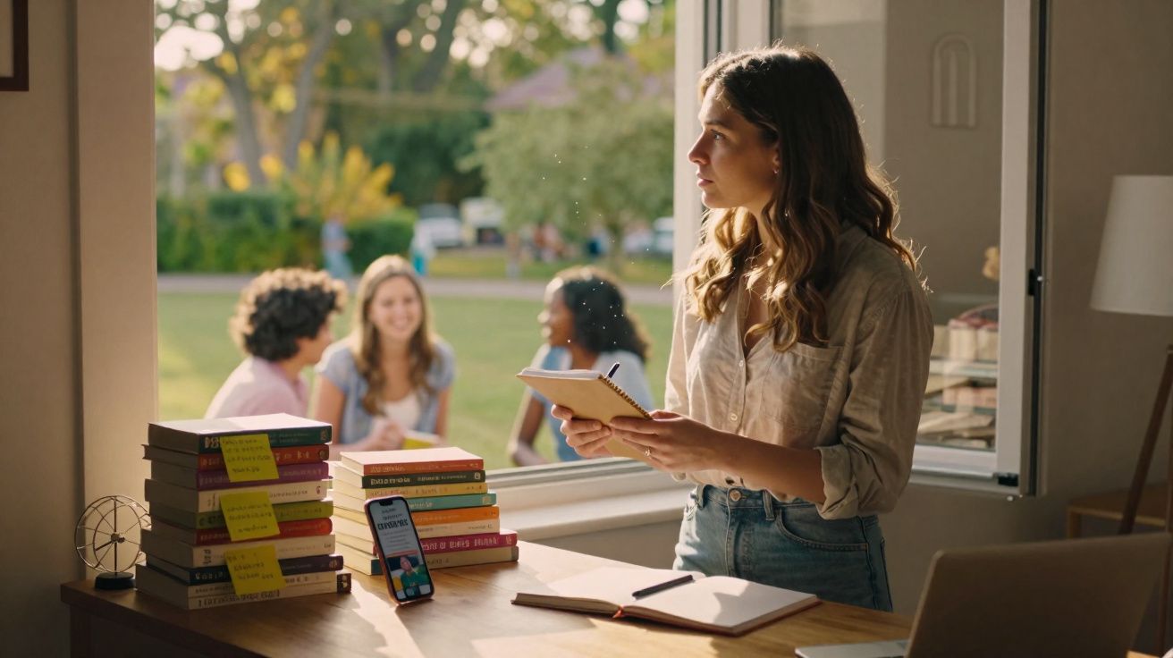 Mulher de pé junto a secretária com livros e caderno, observa três pessoas a conversar no exterior, ao longe.
