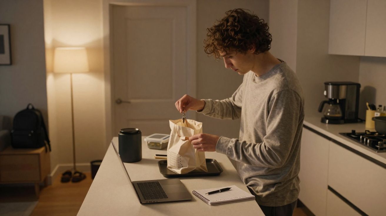 Jovem a abrir saco de papel numa cozinha, com computador portátil e caderno numa bancada iluminada.