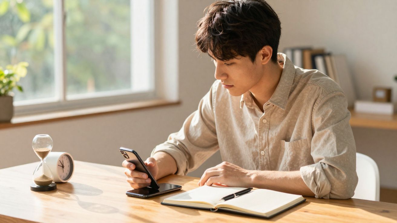 Jovem sentado à mesa, a usar telemóvel e com caderno aberto e relógio de areia ao lado.