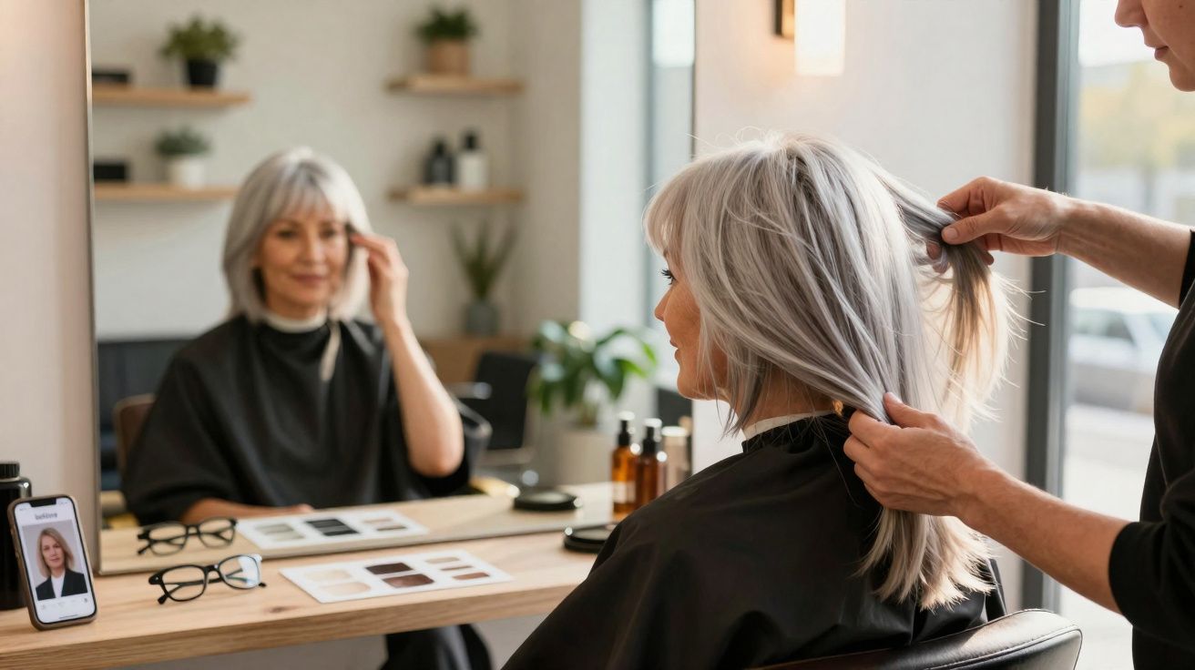Mulher idosa no salão de cabeleireiro, a profissional arruma o cabelo ao fundo com espelho à frente.