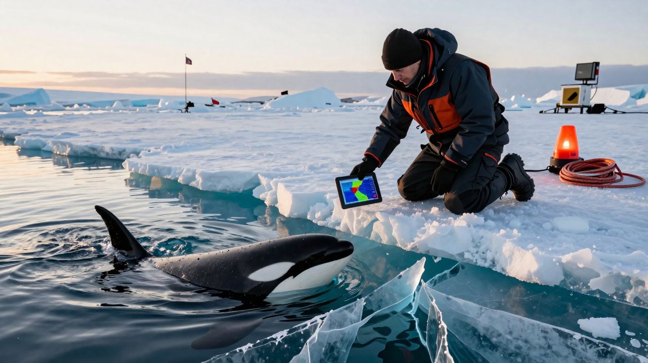 Homem com tablet junto a orca na água gelada perto de plataforma de gelo no Ártico.
