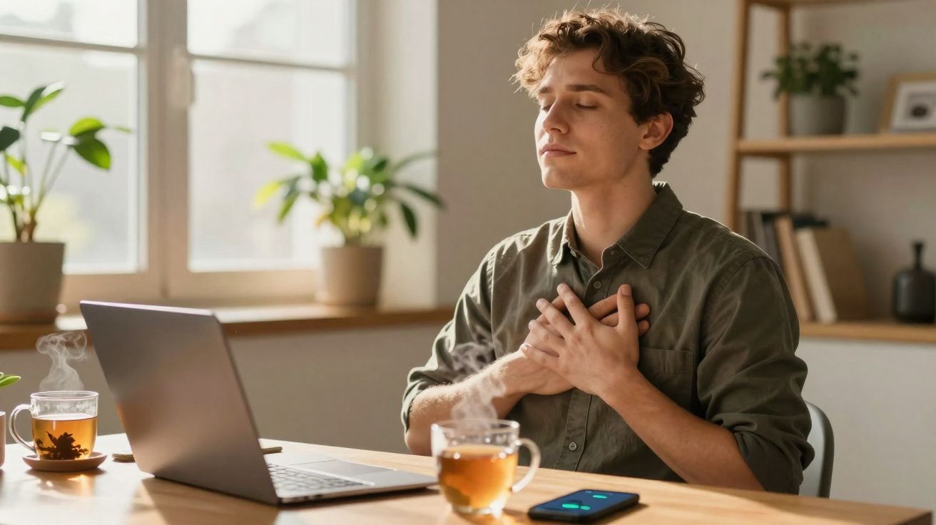 Jovem sentado a trabalhar em computador, de olhos fechados e mãos no peito, num ambiente calmo com plantas e chá.