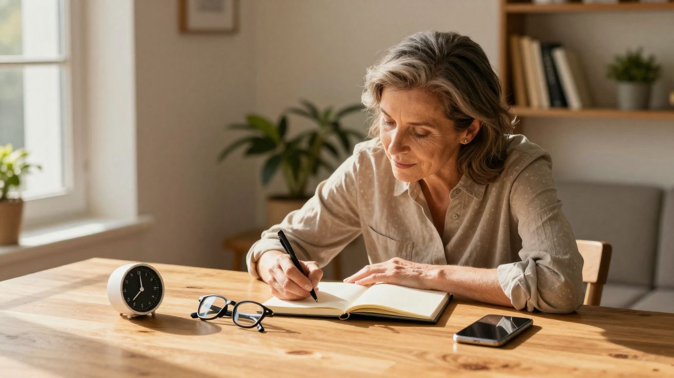 Mulher sentada à mesa a escrever num caderno com relógio, óculos e telemóvel à sua frente num ambiente acolhedor.