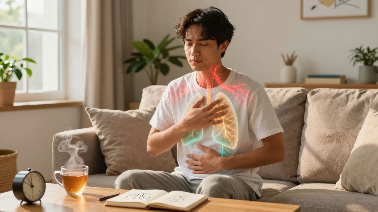 Homem sentado no sofá com mão no peito, mostrando dor respiratória com ilustração dos pulmões e traqueia.