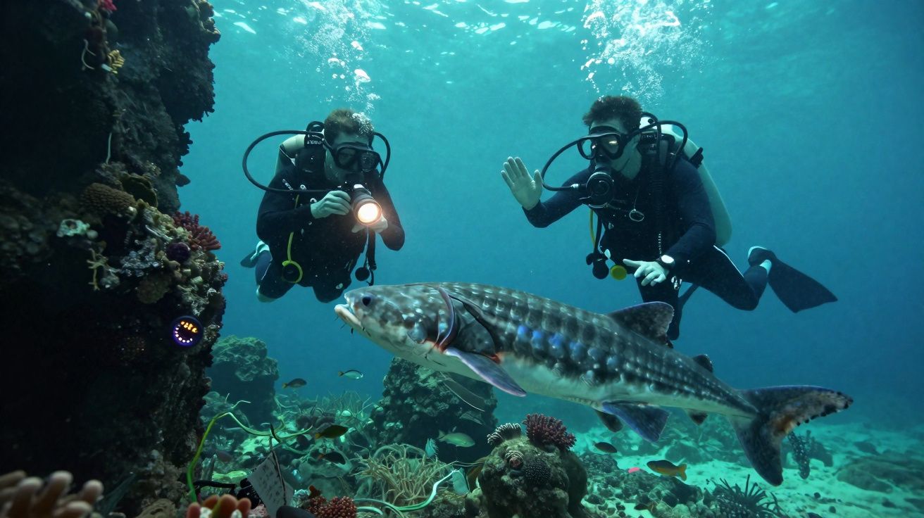 Dois mergulhadores com equipamentos observam e fotografam um grande peixe próximo a um recife de coral submarino.