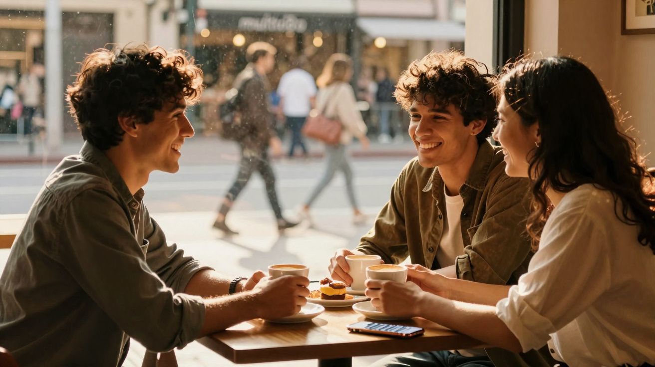 Três jovens sentados à mesa de café, a conversar e sorrir com bebidas e bolo à sua frente.