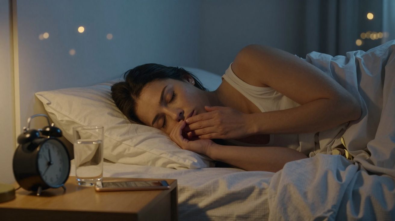 Mulher a bocejar na cama, ao lado de um relógio despertador e um copo de água numa mesa de cabeceira.
