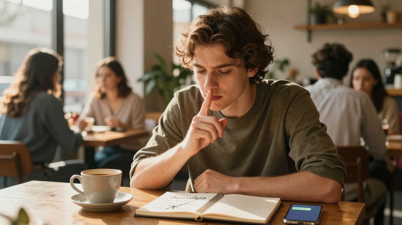 Jovem sentado num café, escrevendo num caderno e com uma chávena de café à sua frente.