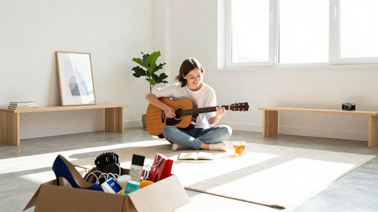 Mulher sentada num tapete a tocar guitarra num espaço iluminado e minimalista.