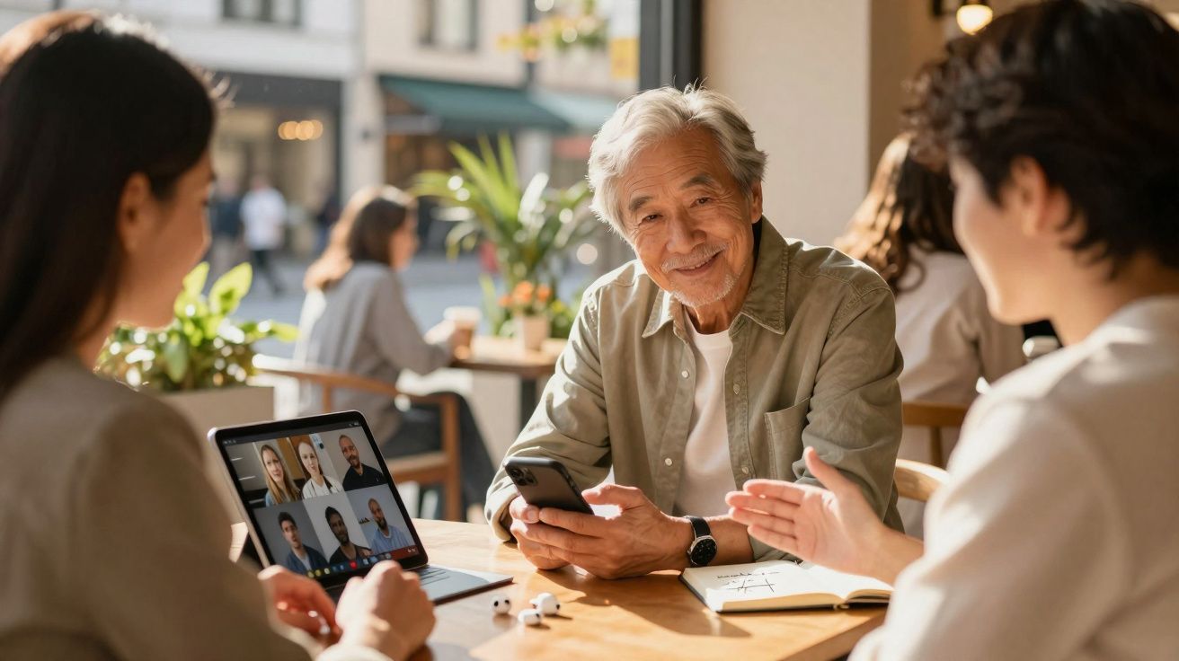 Homem sénior sorridente a usar telemóvel numa reunião com jovens, laptop com videochamada aberta numa cafetaria.