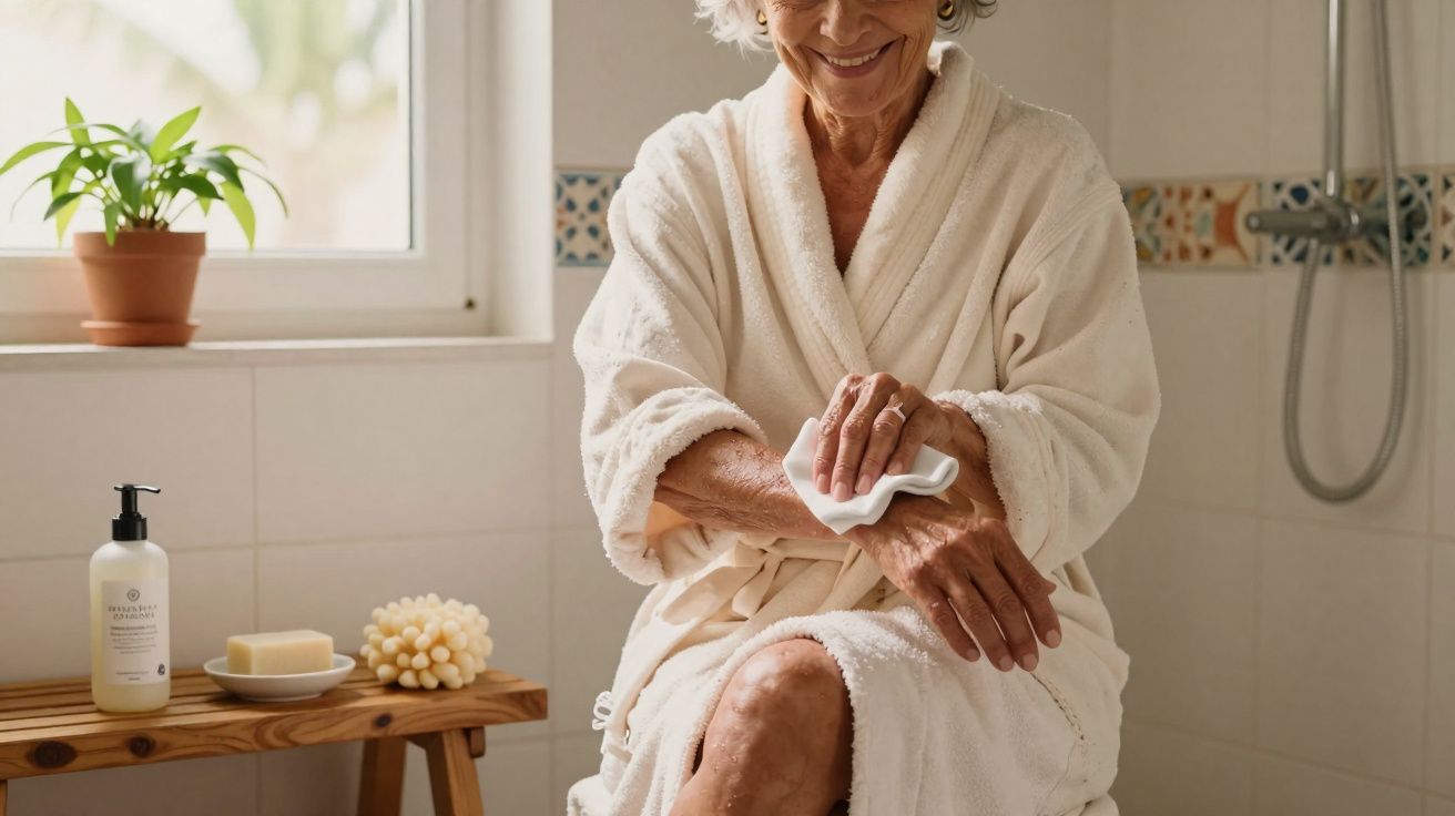 Mulher sénior de roupão branco a cuidar da pele no banho com produtos de higiene pessoal e planta ao fundo.