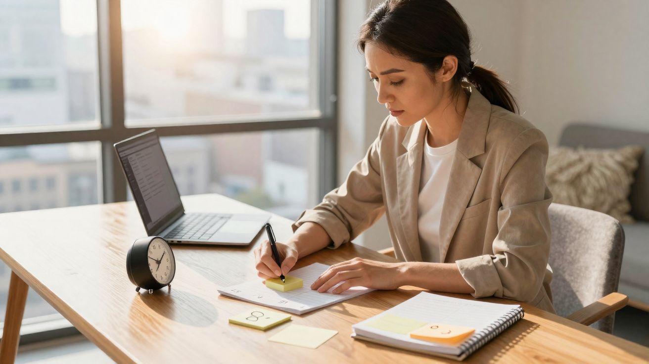Mulher sentada a escrever notas em post-its à secretária com computador portátil e relógio analógico.