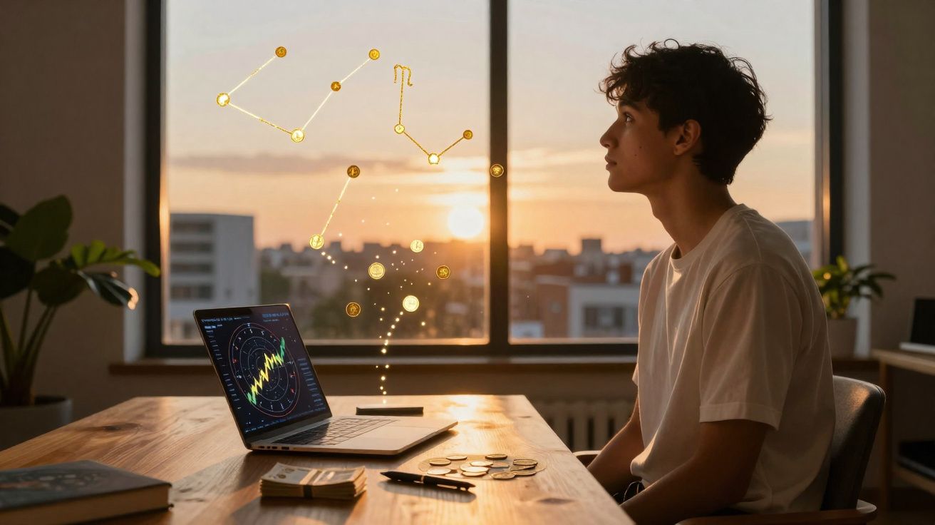 Jovem a refletir perto de laptop com gráficos financeiros e constelações digitais ao pôr do sol.