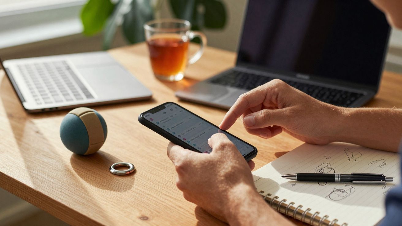 Pessoa a usar smartphone numa secretária com portátil, caderno, caneta, bola anti stress e chá.
