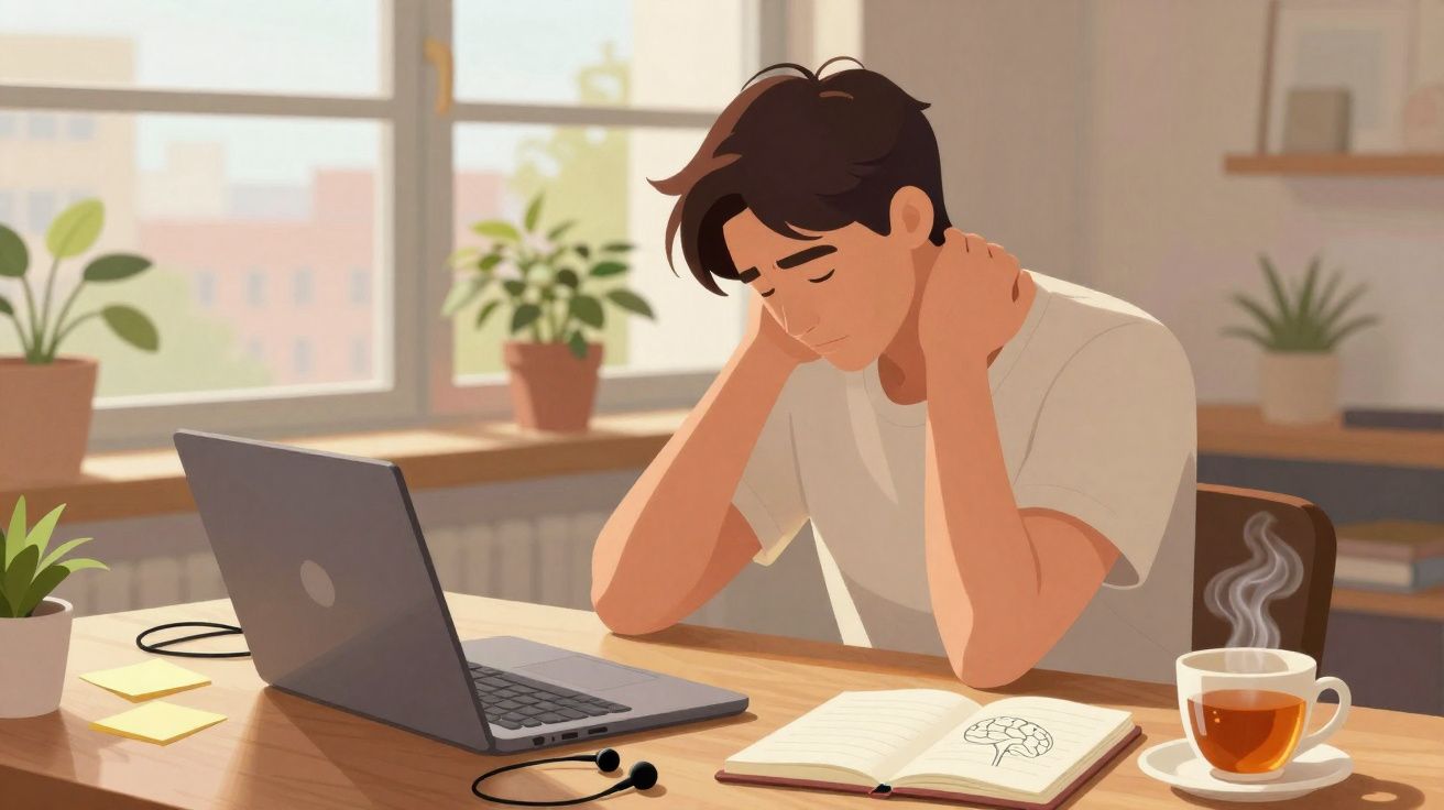 Homem cansado sentado a trabalhar no computador com chá quente e caderno numa mesa iluminada.