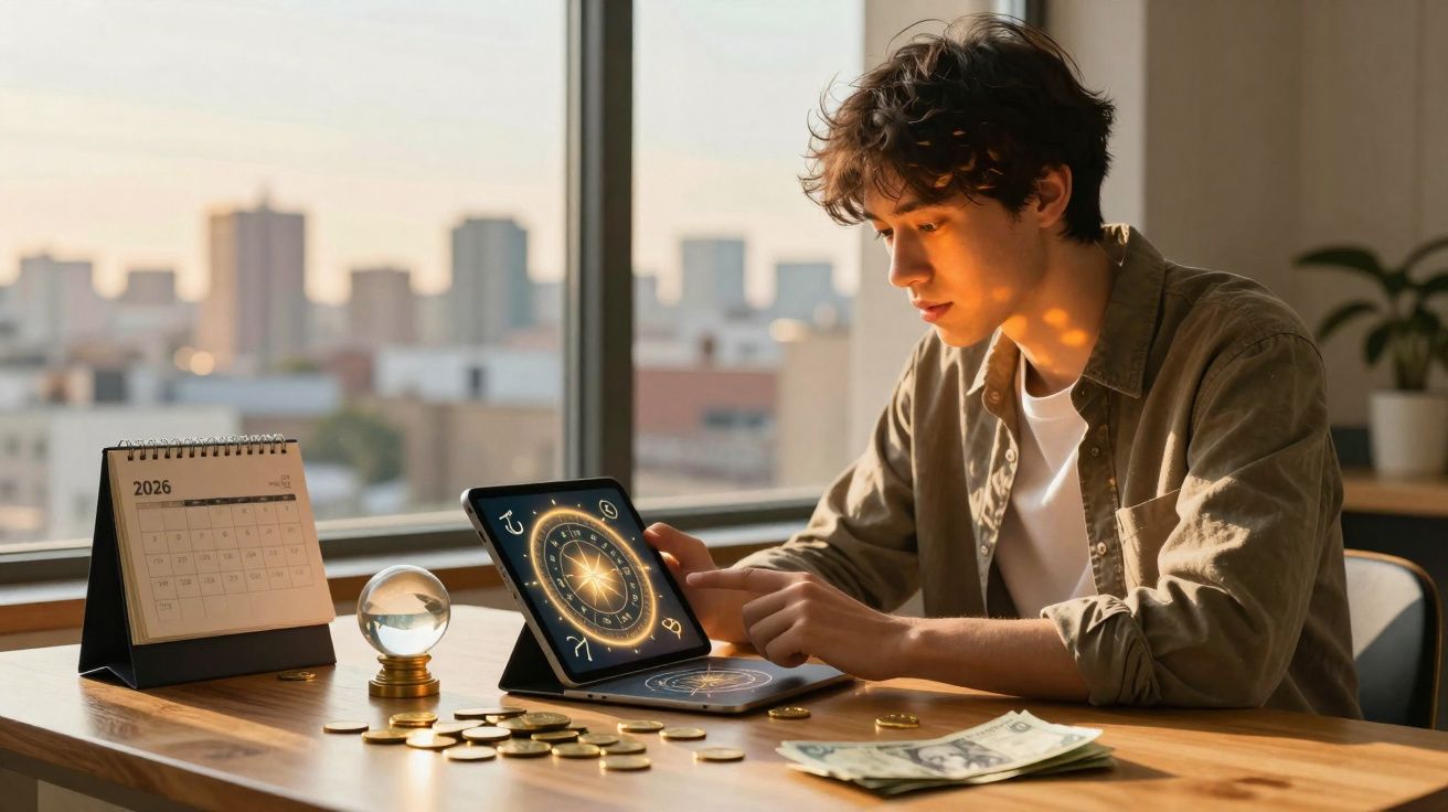 Jovem sentado à mesa a usar tablet com símbolos astrológicos, moedas, notas e bola de cristal à sua frente.