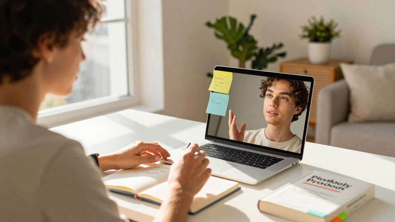 Pessoa a participar numa videochamada num computador portátil, com caderno aberto e livro numa mesa.