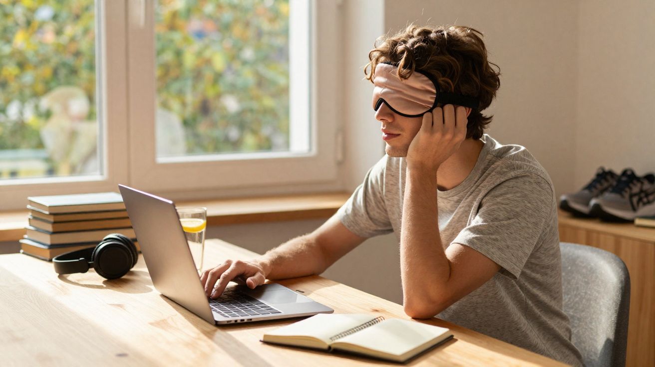 Homem com máscara de dormir senta-se à secretária a usar computador portátil, com caderno aberto e fones ao lado.