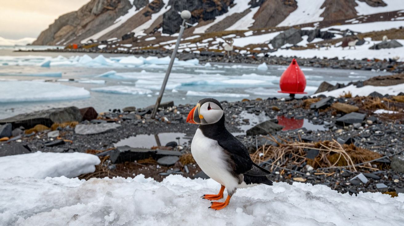 Puffin em neve junto a costa rochosa gelada com icebergues e montanhas ao fundo.