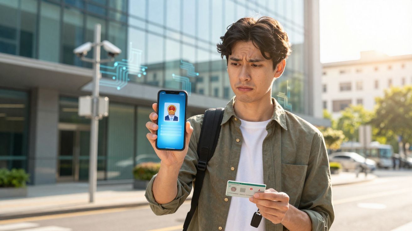 Jovem verifica identificação digital no telemóvel enquanto segura cartão de identificação físico na rua.