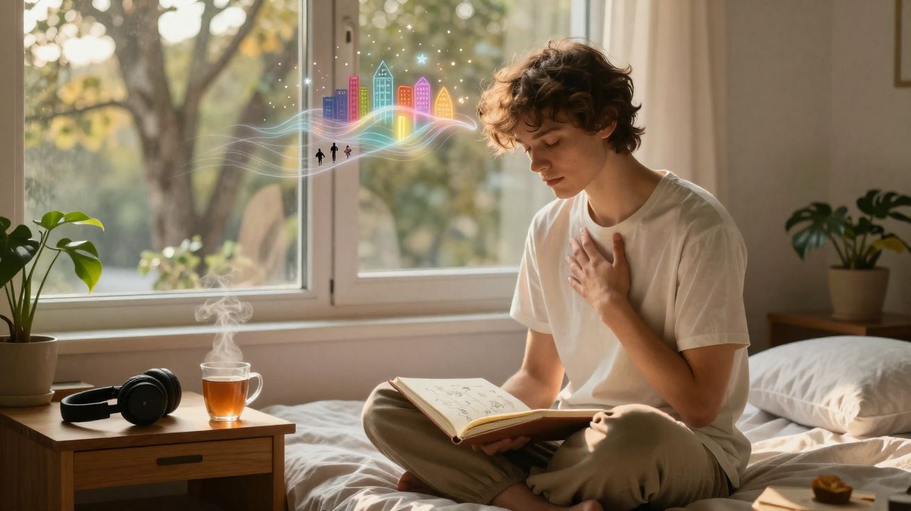 Jovem sentado na cama lê livro com ilustração colorida a flutuar, janela e plantas ao fundo.