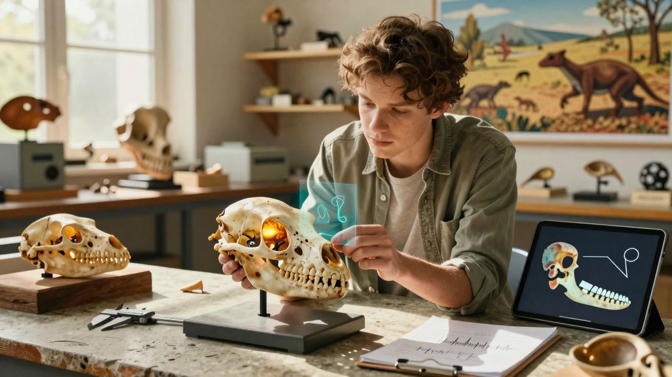 Jovem a analisar um crânio animal em laboratório com holograma e tablet mostrando estrutura óssea.