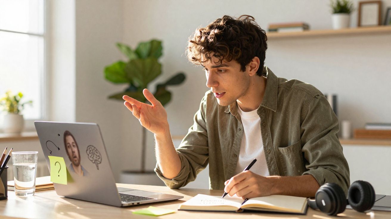 Jovem a estudar e fazer videochamada num ambiente luminoso com caderno aberto e auscultadores na mesa.