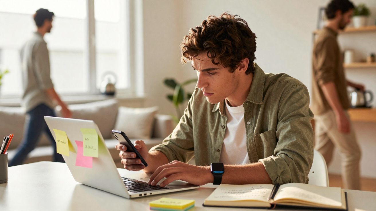 Jovem sentado a trabalhar no computador portátil, a usar smartphone, com pessoas a caminhar ao fundo numa sala.