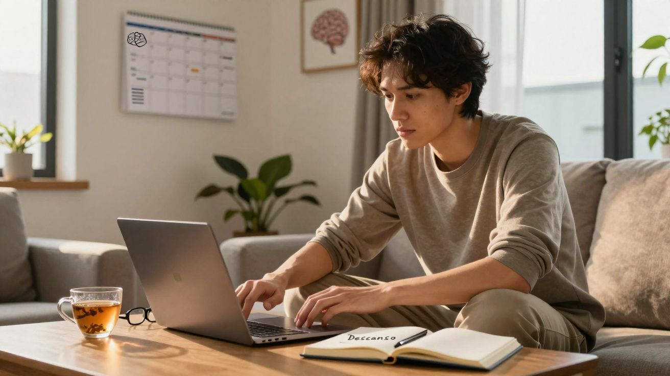 Jovem a trabalhar no portátil numa sala iluminada, com chá e caderno sobre a mesa de madeira.