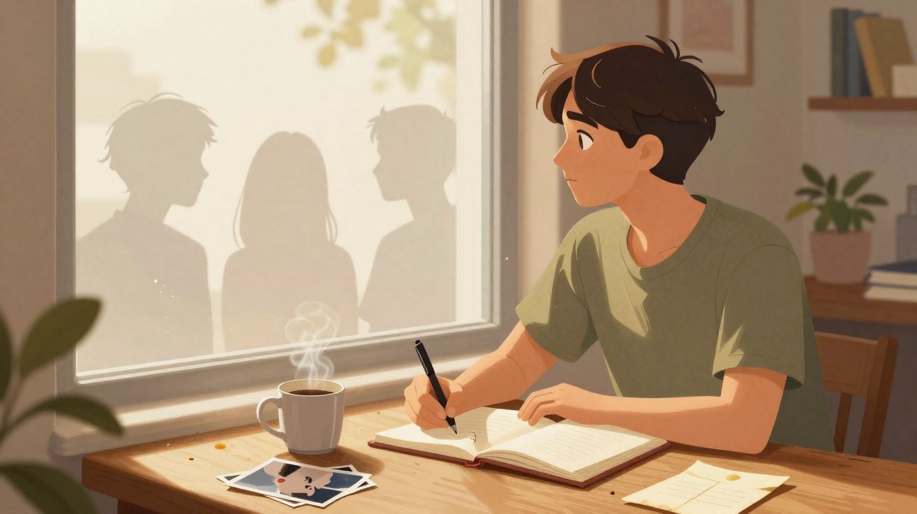 Jovem sentado a escrever num caderno, olhando pela janela onde se veem sombras de três pessoas.