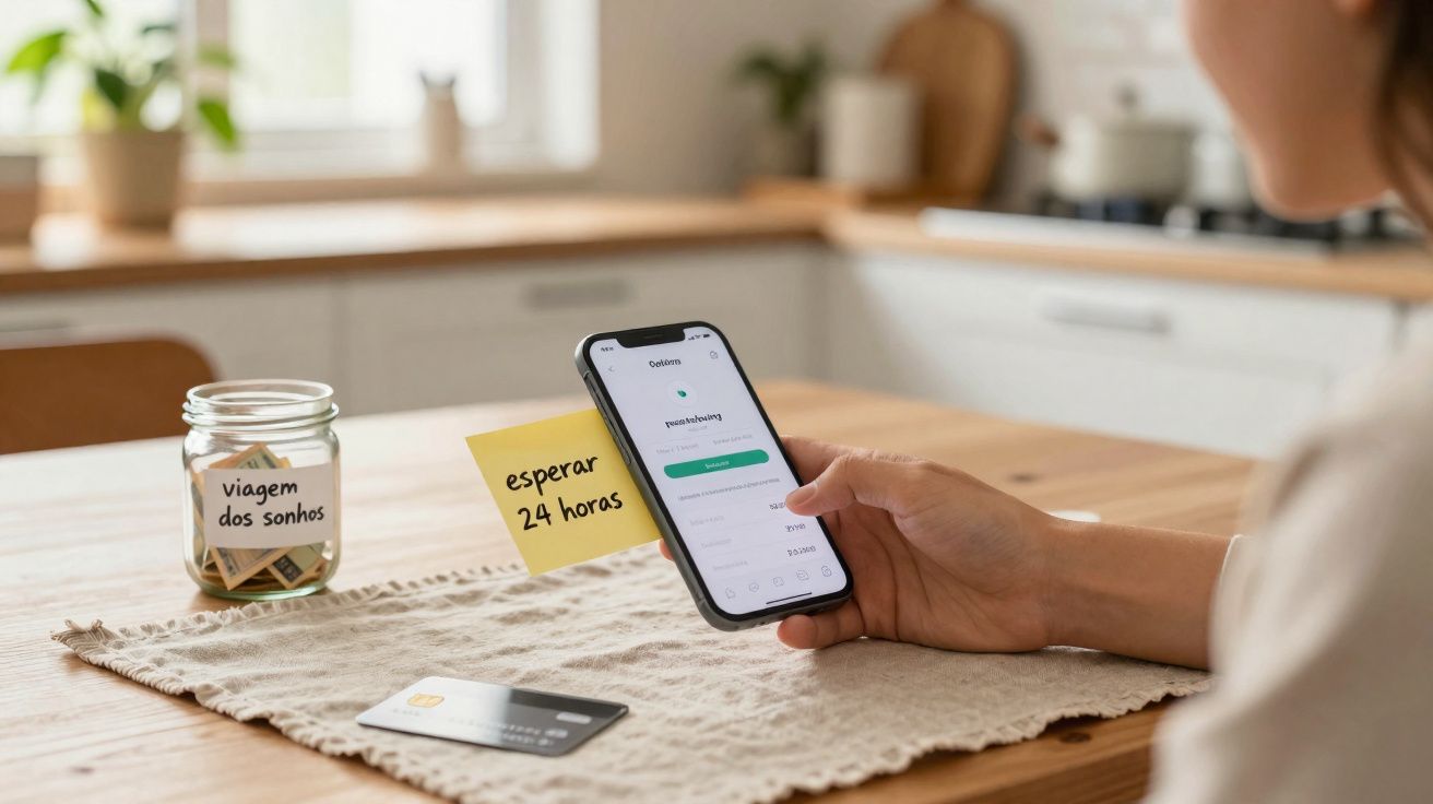 Pessoa a usar smartphone para gerir poupanças, com cofrinho “viagem dos sonhos” e lembrete “esperar 24 horas”.