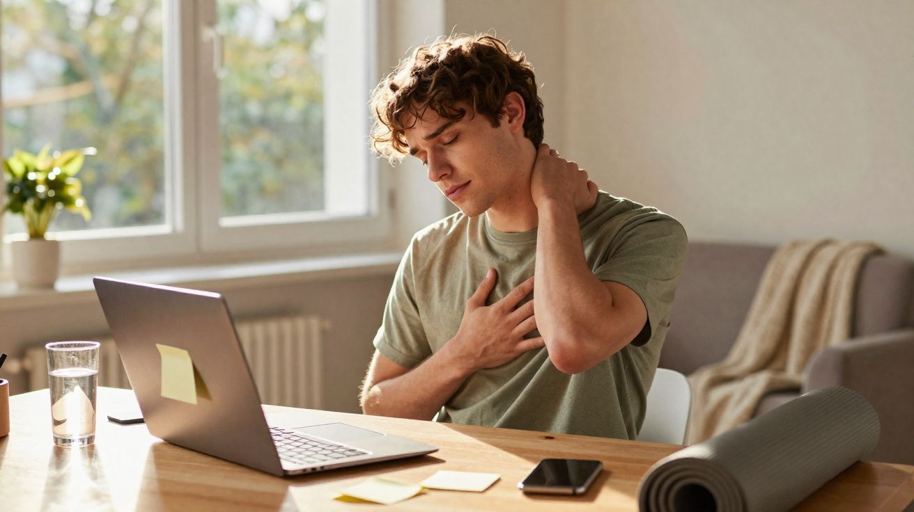Homem sentado a trabalhar no computador com expressão de dor a tocar pescoço e peito, perto de tapete de yoga.