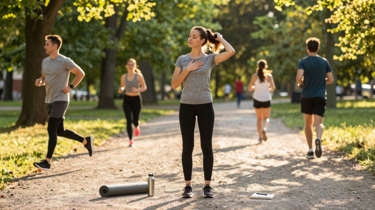 Mulher a descansar e a prender o cabelo numa alameda de parque com pessoas a correr ao fundo.
