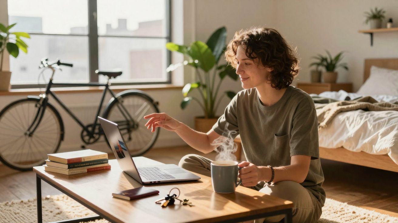 Pessoa sentado no chão a usar portátil numa sala com bicicleta, livros e chá quente numa caneca.