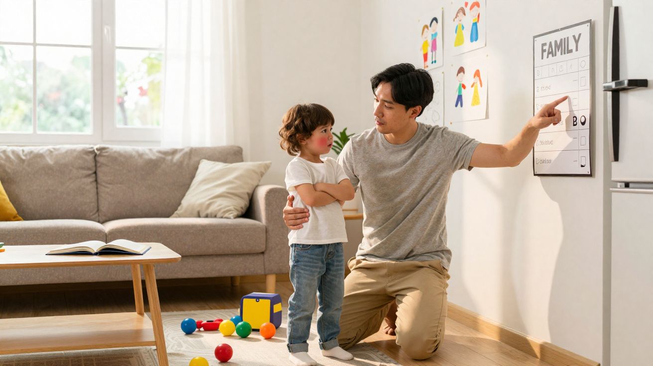 Pai conversa com filho pequeno no chão da sala, apontando para quadro de tarefas familiares na parede.