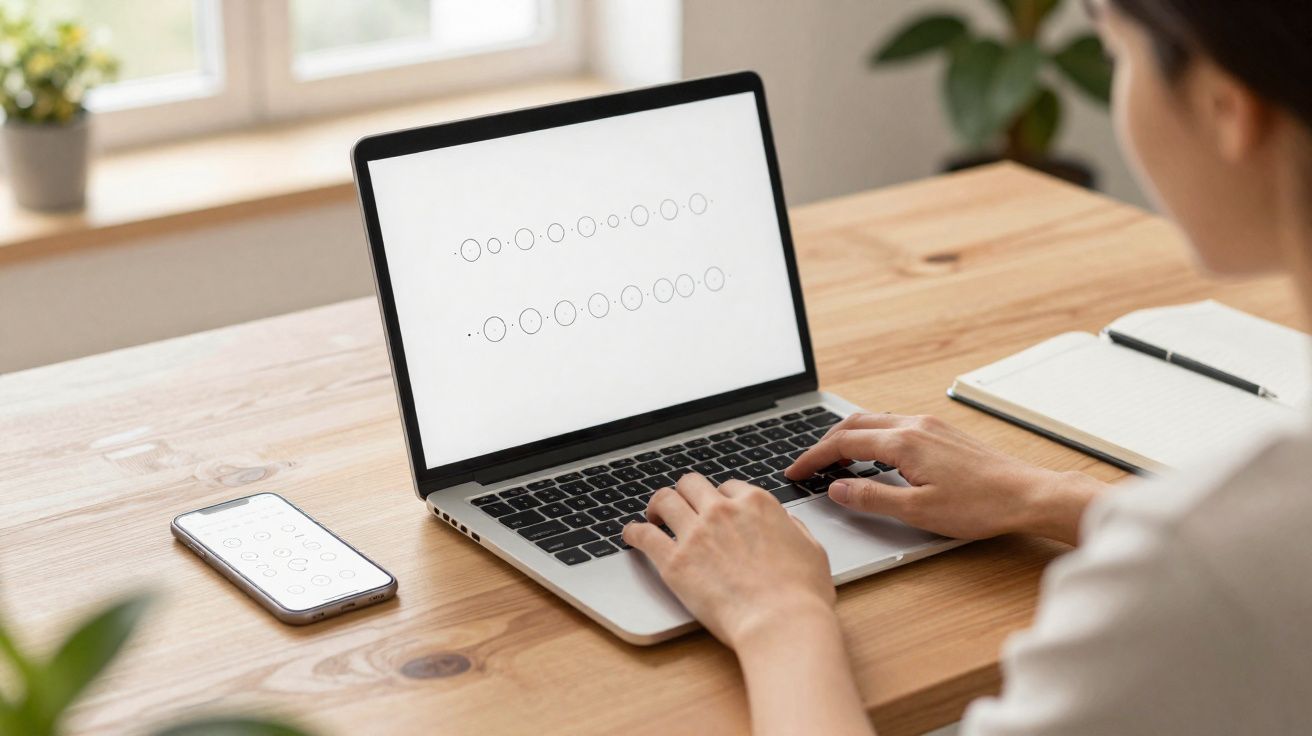 Pessoa a utilizar computador portátil com símbolos circulares no ecrã, telemóvel e caderno numa secretária de madeira.