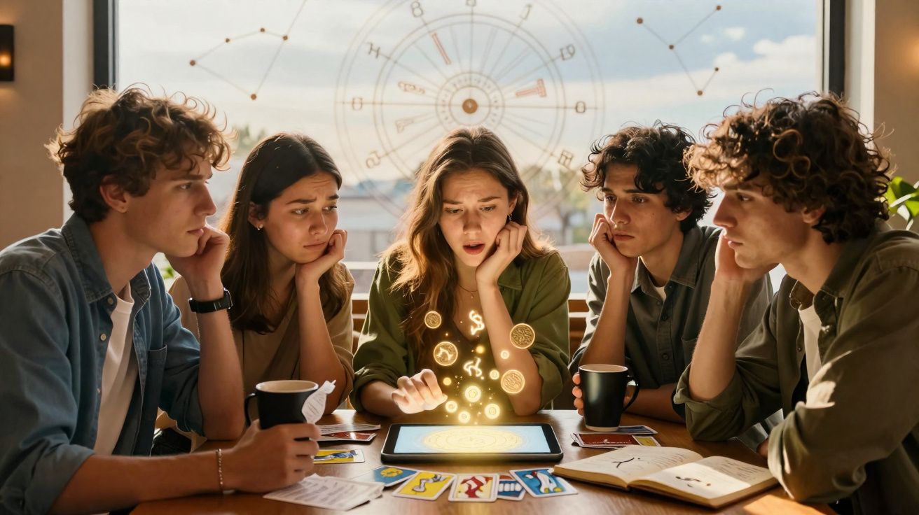 Grupo de jovens curiosos a observar símbolos astrológicos mágicos numa tablet em mesa com cartas e livros.