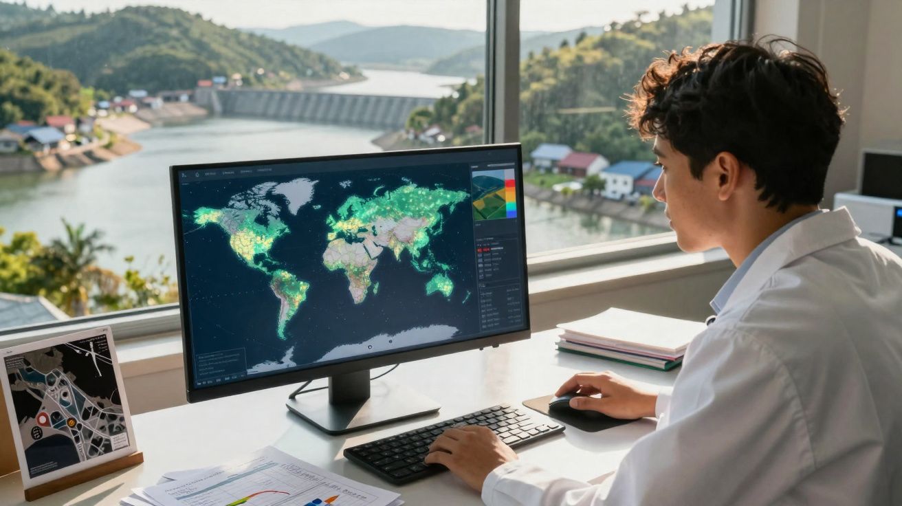 Pessoa a analisar mapa mundial com dados de iluminação num ecrã de computador, com vista para rio e montanhas.