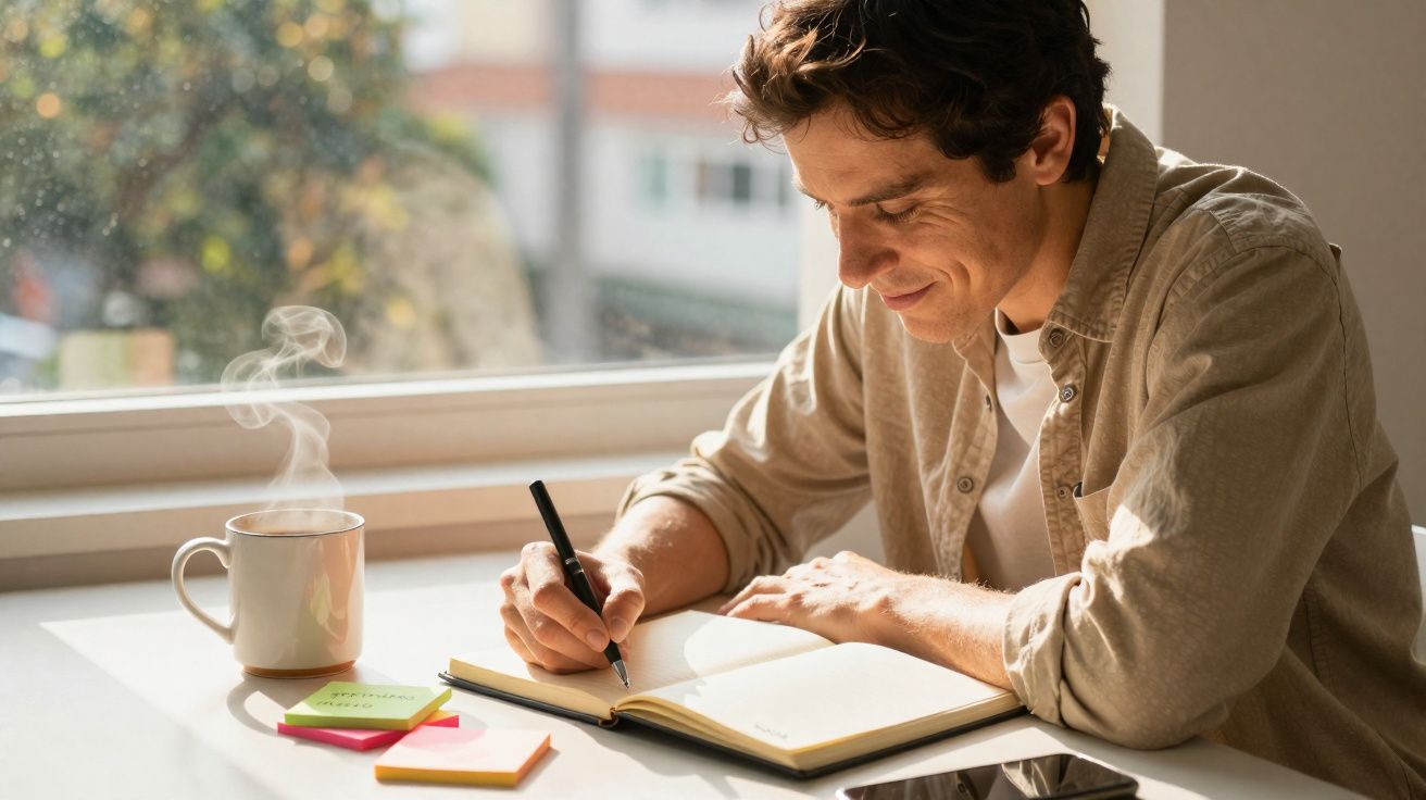 Homem sentado a escrever num caderno junto a uma janela, com chá quente e notas coloridas na mesa.