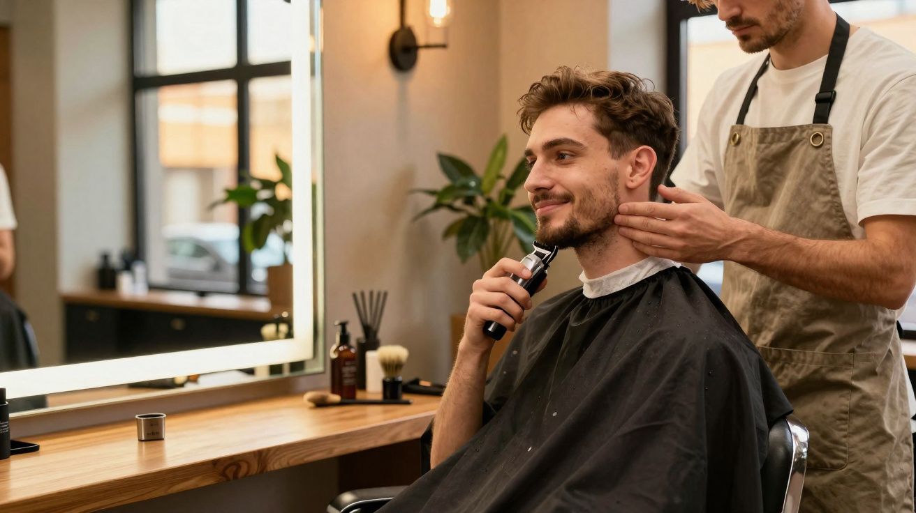 Homem sorridente a fazer a barba num cabeleireiro com barbeiro a ajustar a máquina de barbear.