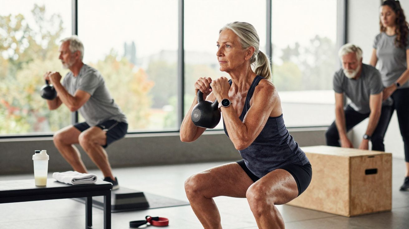Grupo de pessoas idosas a fazer exercício com kettlebell num ginásio moderno e luminoso.