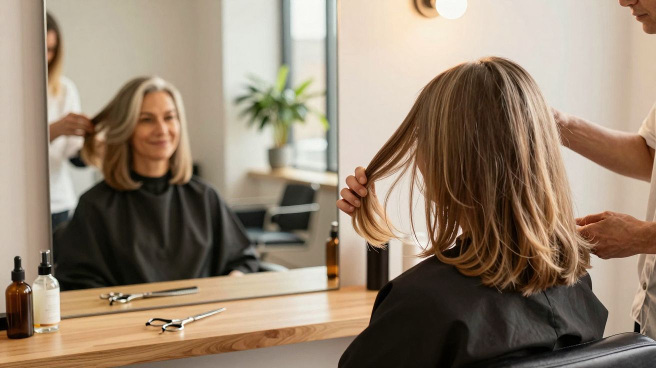 Mulher satisfeita a olhar para o cabelo no espelho durante corte num salão de cabeleireiro.